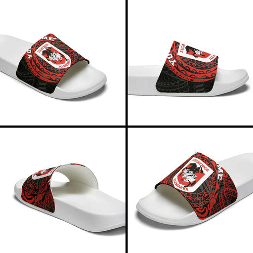 Personalized St George Illawarra Dragons Slide Sandals Polynesian Tribal Chest and Sleeve Tattoo