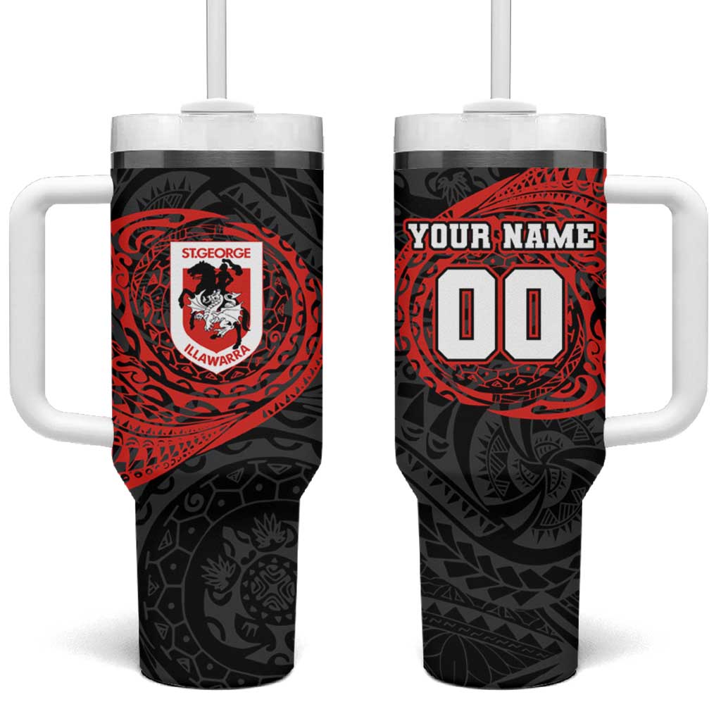 Personalized St George Illawarra Dragons Tumbler With Handle Polynesian Tribal Chest and Sleeve Tattoo