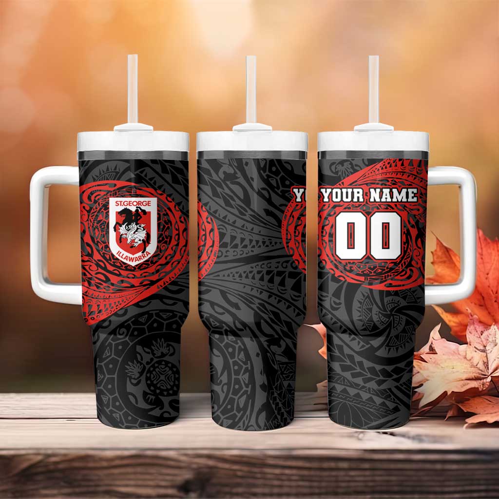 Personalized St George Illawarra Dragons Tumbler With Handle Polynesian Tribal Chest and Sleeve Tattoo