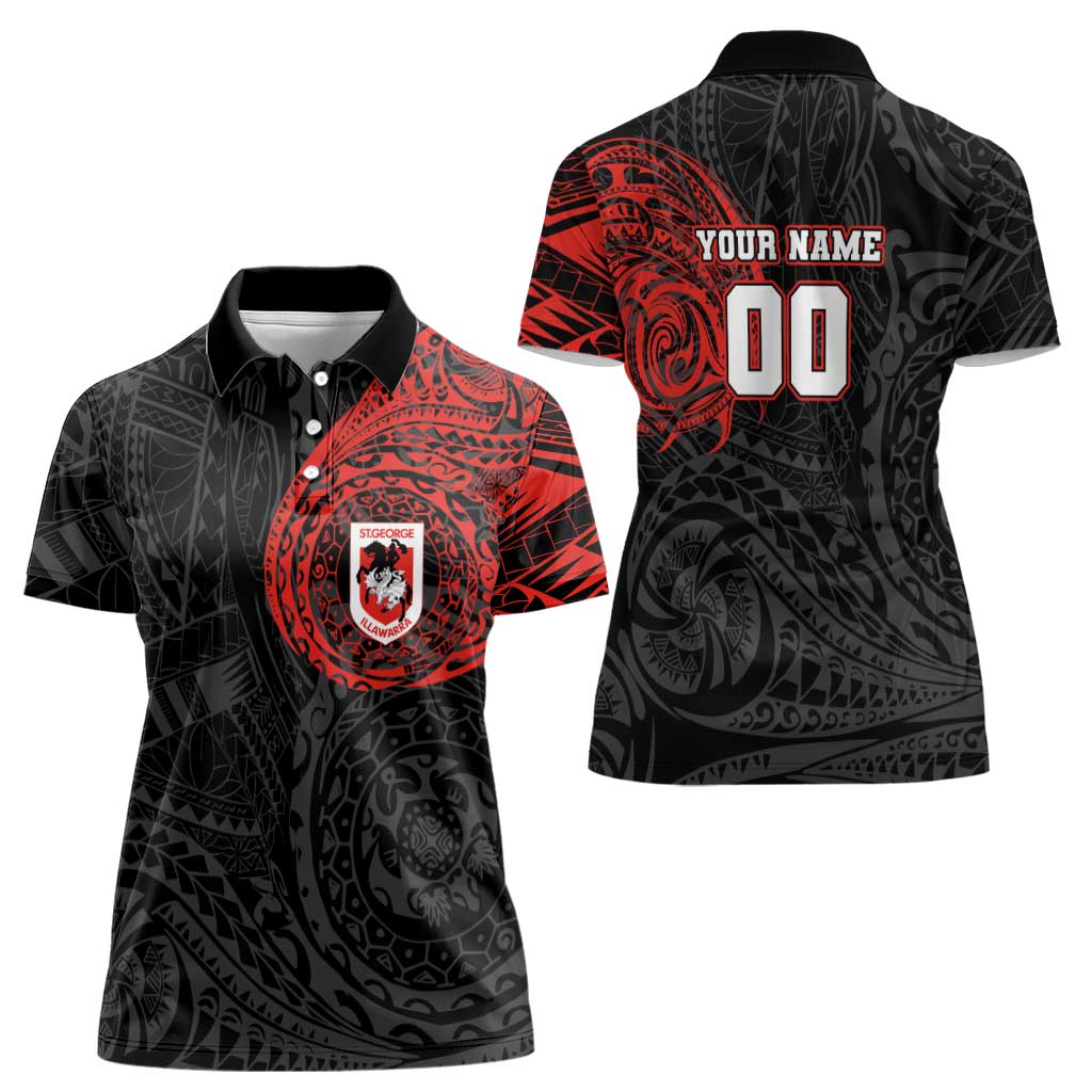 Personalized St George Illawarra Dragons Women Polo Shirt Polynesian Tribal Chest and Sleeve Tattoo