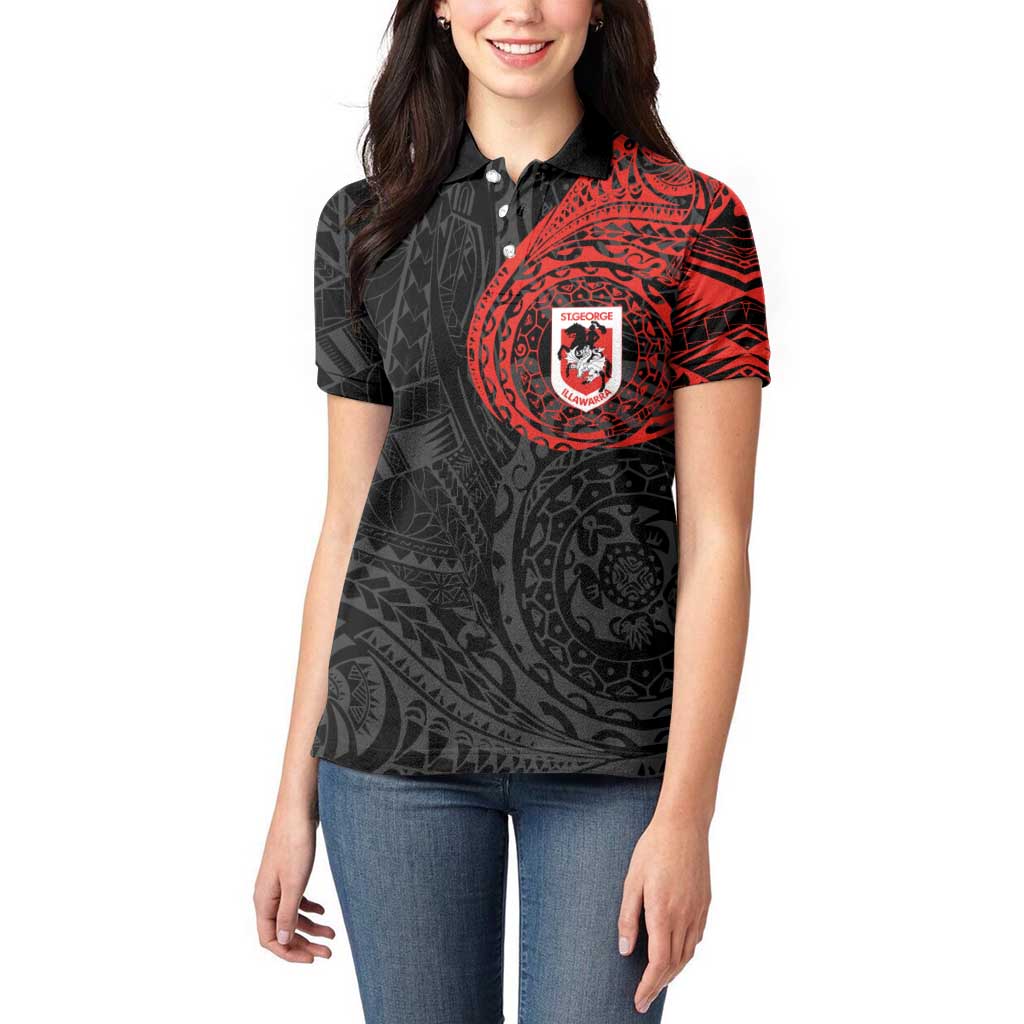 Personalized St George Illawarra Dragons Women Polo Shirt Polynesian Tribal Chest and Sleeve Tattoo