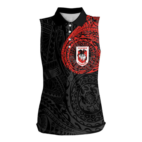Personalized St George Illawarra Dragons Women Sleeveless Polo Shirt Polynesian Tribal Chest and Sleeve Tattoo