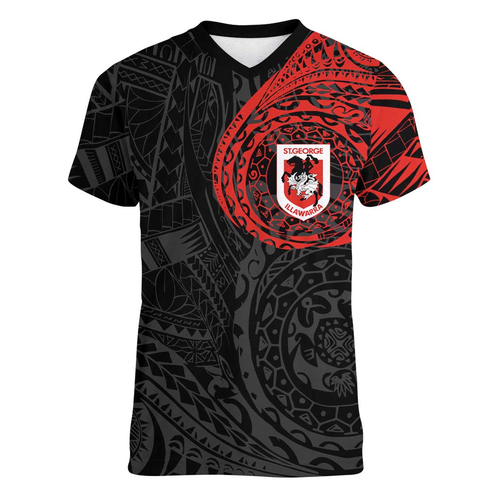 Personalized St George Illawarra Dragons Women V-Neck T-Shirt Polynesian Tribal Chest and Sleeve Tattoo