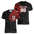Personalized St George Illawarra Dragons Women V-Neck T-Shirt Polynesian Tribal Chest and Sleeve Tattoo