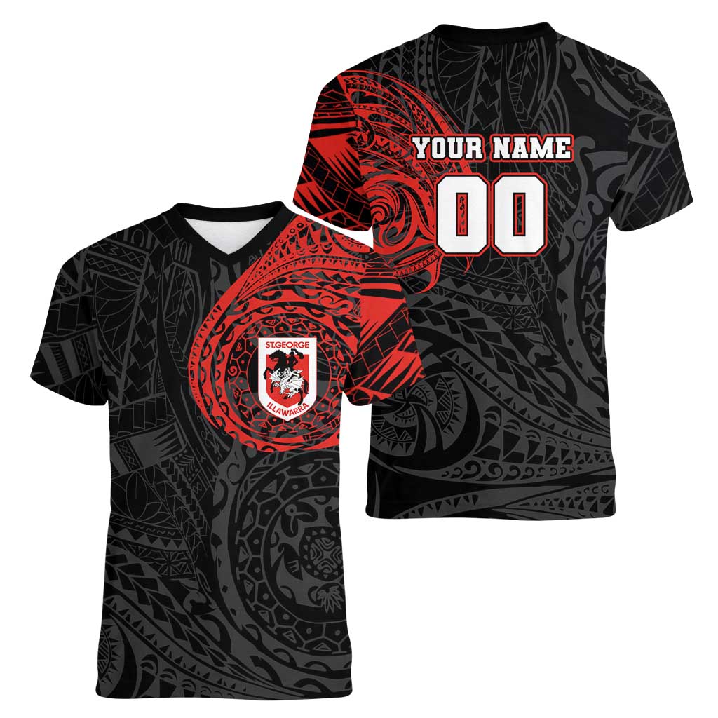 Personalized St George Illawarra Dragons Women V-Neck T-Shirt Polynesian Tribal Chest and Sleeve Tattoo