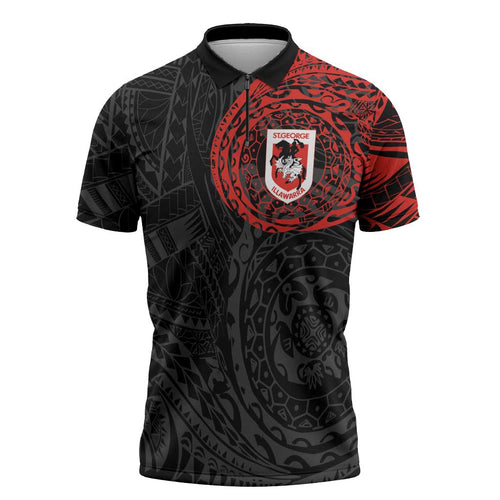 Personalized St George Illawarra Dragons Zipper Polo Shirt Polynesian Tribal Chest and Sleeve Tattoo