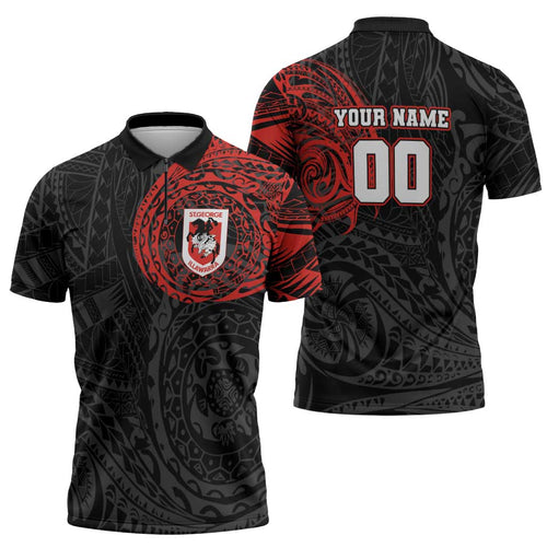 Personalized St George Illawarra Dragons Zipper Polo Shirt Polynesian Tribal Chest and Sleeve Tattoo