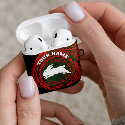 Personalized South Sydney Rabbitohs AirPods Case Polynesian Tribal Chest and Sleeve Tattoo