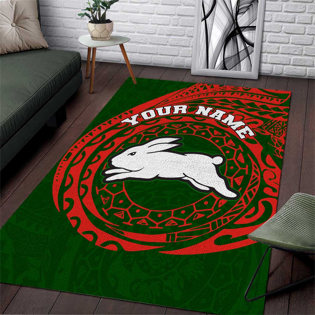 Personalized South Sydney Rabbitohs Area Rug Polynesian Tribal Chest and Sleeve Tattoo