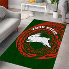 Personalized South Sydney Rabbitohs Area Rug Polynesian Tribal Chest and Sleeve Tattoo