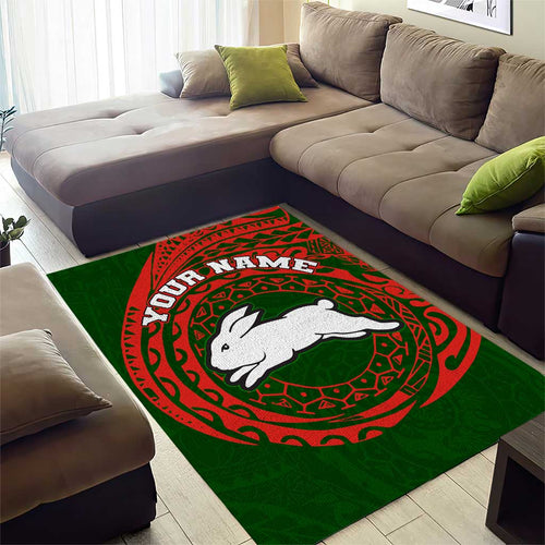Personalized South Sydney Rabbitohs Area Rug Polynesian Tribal Chest and Sleeve Tattoo