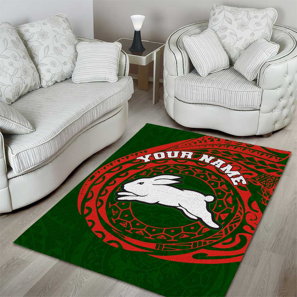 Personalized South Sydney Rabbitohs Area Rug Polynesian Tribal Chest and Sleeve Tattoo