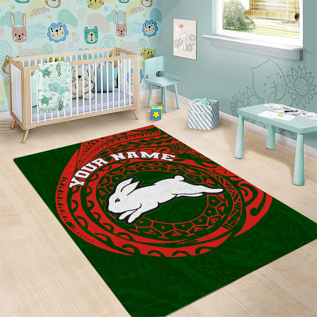 Personalized South Sydney Rabbitohs Area Rug Polynesian Tribal Chest and Sleeve Tattoo