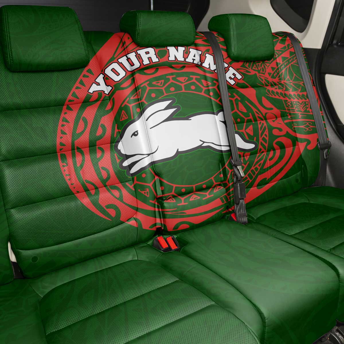 Personalized South Sydney Rabbitohs Back Car Seat Cover Polynesian Tribal Chest and Sleeve Tattoo