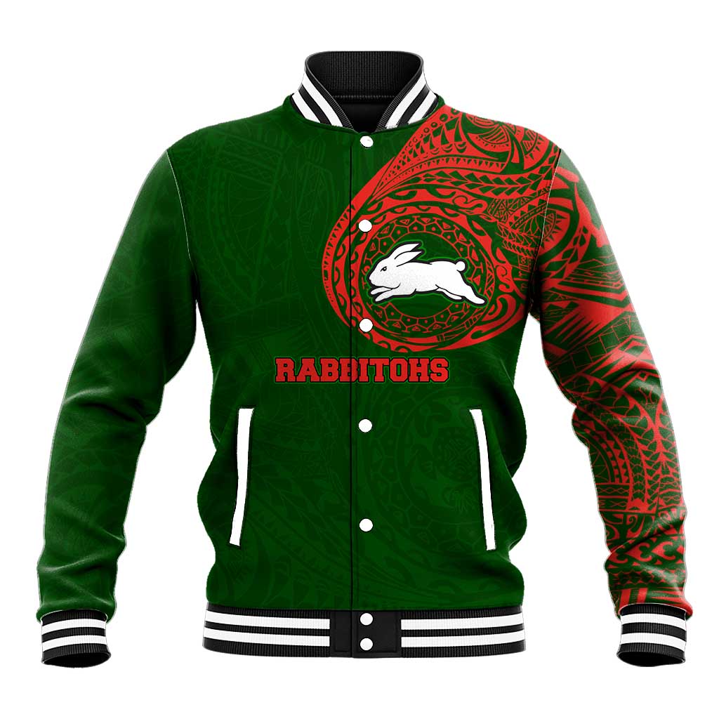 Personalized South Sydney Rabbitohs Baseball Jacket Polynesian Tribal Chest and Sleeve Tattoo