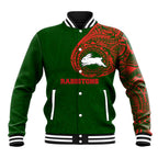 Personalized South Sydney Rabbitohs Baseball Jacket Polynesian Tribal Chest and Sleeve Tattoo