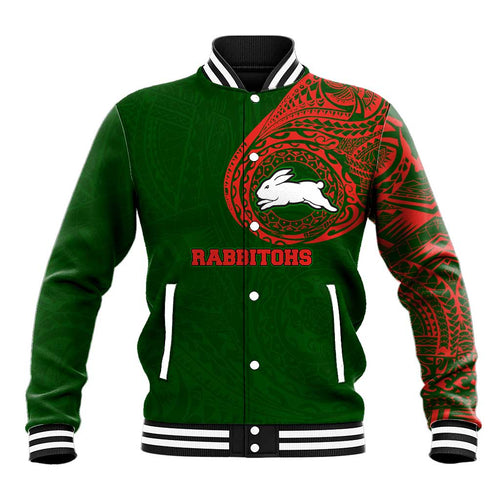 Personalized South Sydney Rabbitohs Baseball Jacket Polynesian Tribal Chest and Sleeve Tattoo