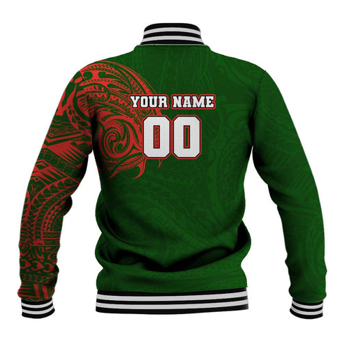 Personalized South Sydney Rabbitohs Baseball Jacket Polynesian Tribal Chest and Sleeve Tattoo
