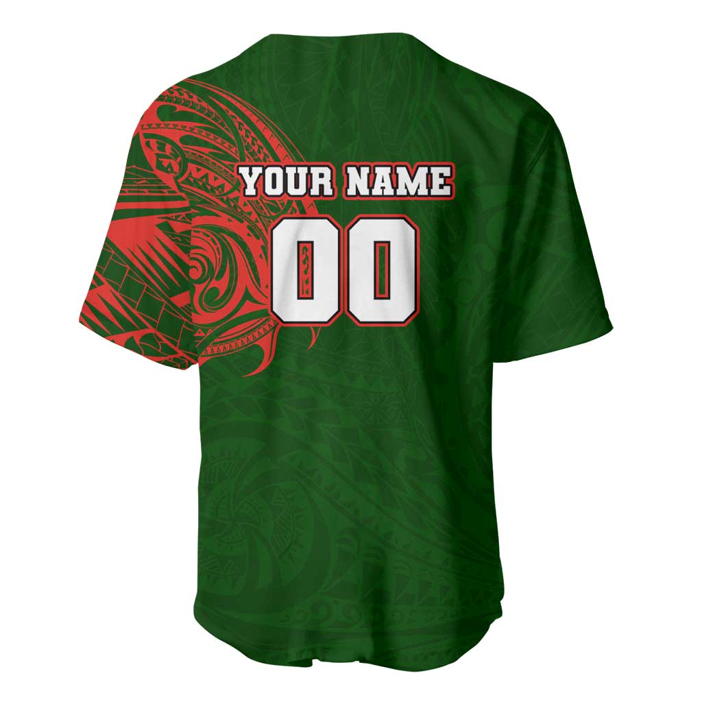 Personalized South Sydney Rabbitohs Baseball Jersey Polynesian Tribal Chest and Sleeve Tattoo
