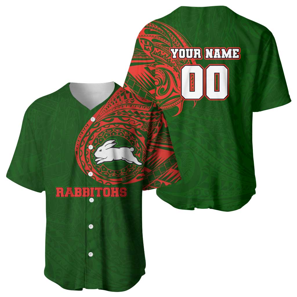 Personalized South Sydney Rabbitohs Baseball Jersey Polynesian Tribal Chest and Sleeve Tattoo
