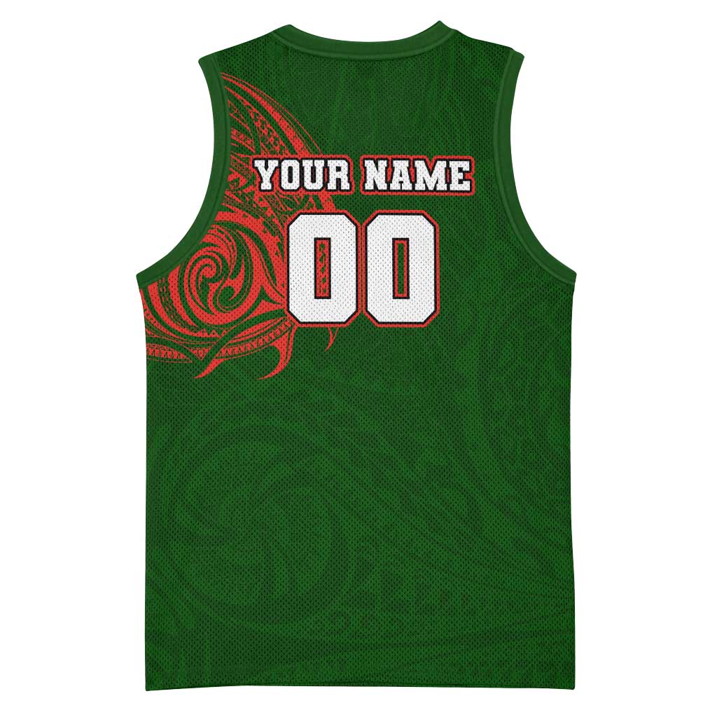 Personalized South Sydney Rabbitohs Basketball Jersey Polynesian Tribal Chest and Sleeve Tattoo