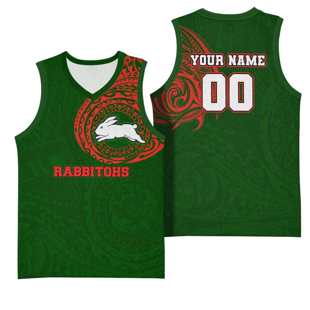Personalized South Sydney Rabbitohs Basketball Jersey Polynesian Tribal Chest and Sleeve Tattoo