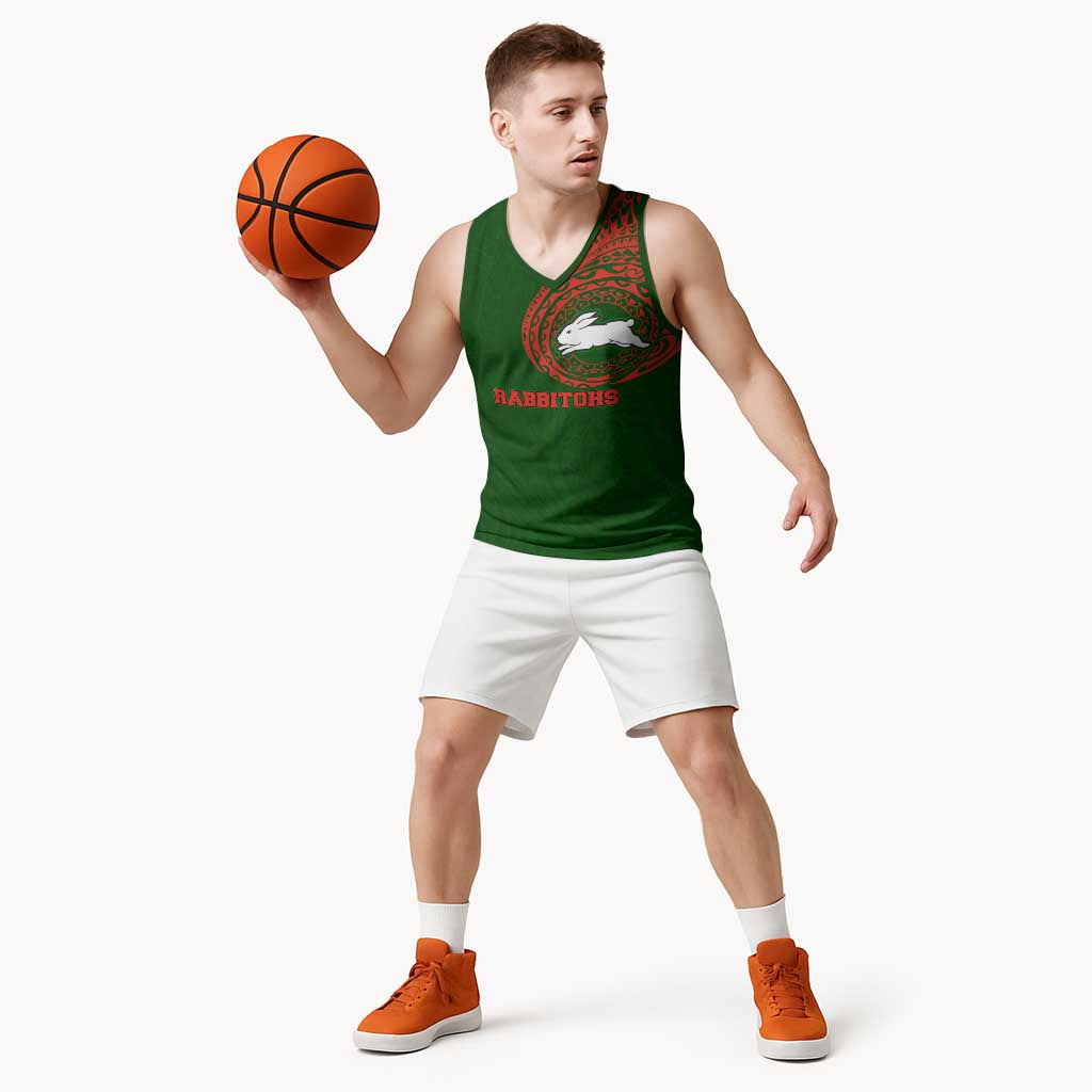 Personalized South Sydney Rabbitohs Basketball Jersey Polynesian Tribal Chest and Sleeve Tattoo
