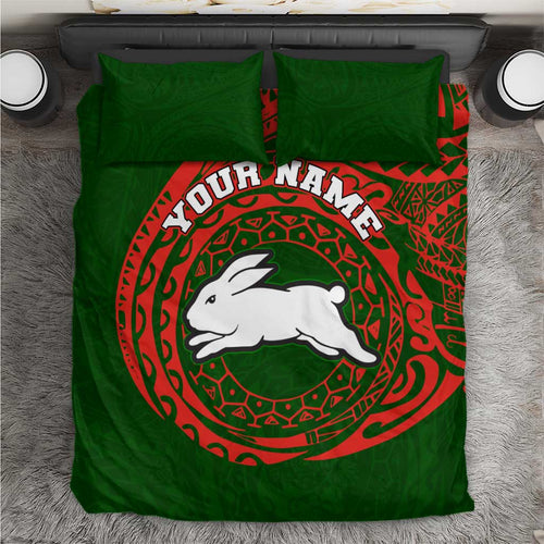 Personalized South Sydney Rabbitohs Bedding Set Polynesian Tribal Chest and Sleeve Tattoo
