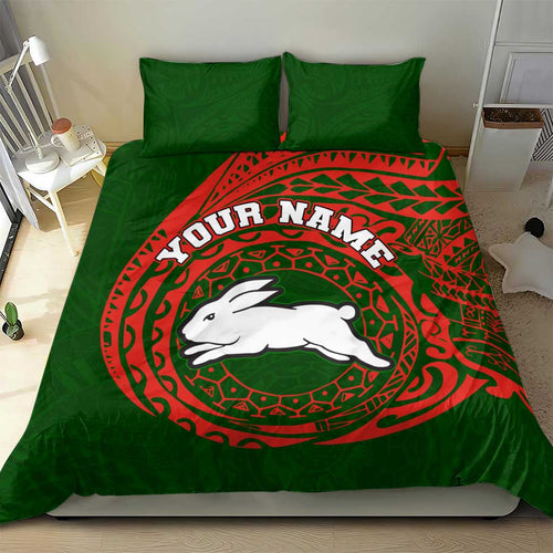 Personalized South Sydney Rabbitohs Bedding Set Polynesian Tribal Chest and Sleeve Tattoo