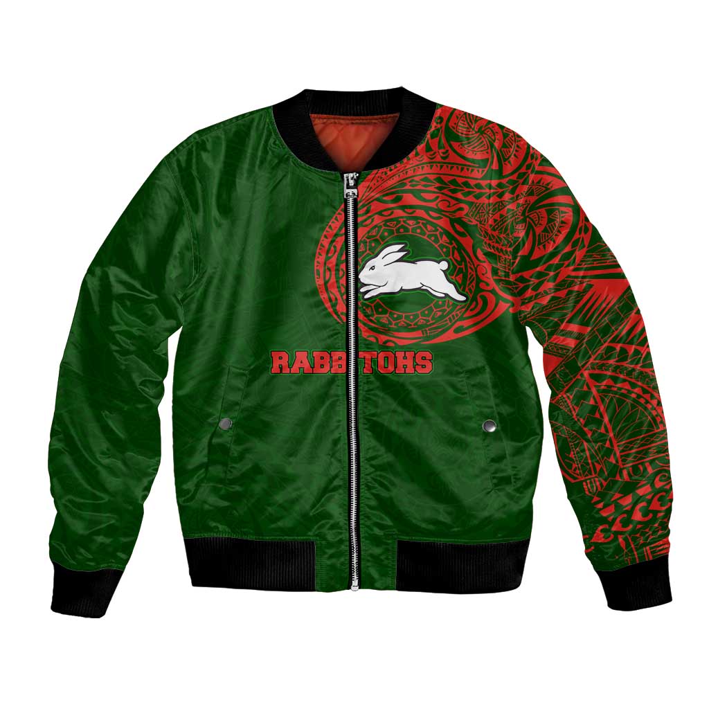 Personalized South Sydney Rabbitohs Bomber Jacket Polynesian Tribal Chest and Sleeve Tattoo