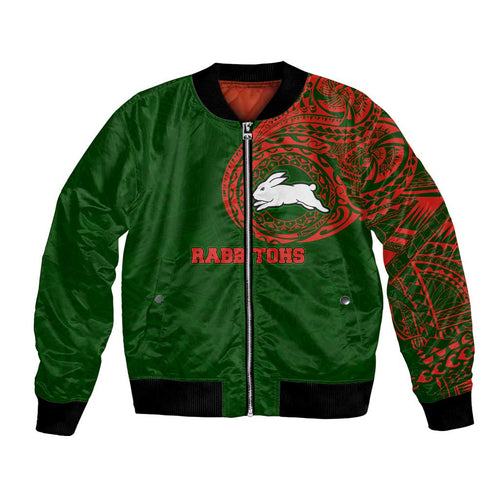 Personalized South Sydney Rabbitohs Bomber Jacket Polynesian Tribal Chest and Sleeve Tattoo