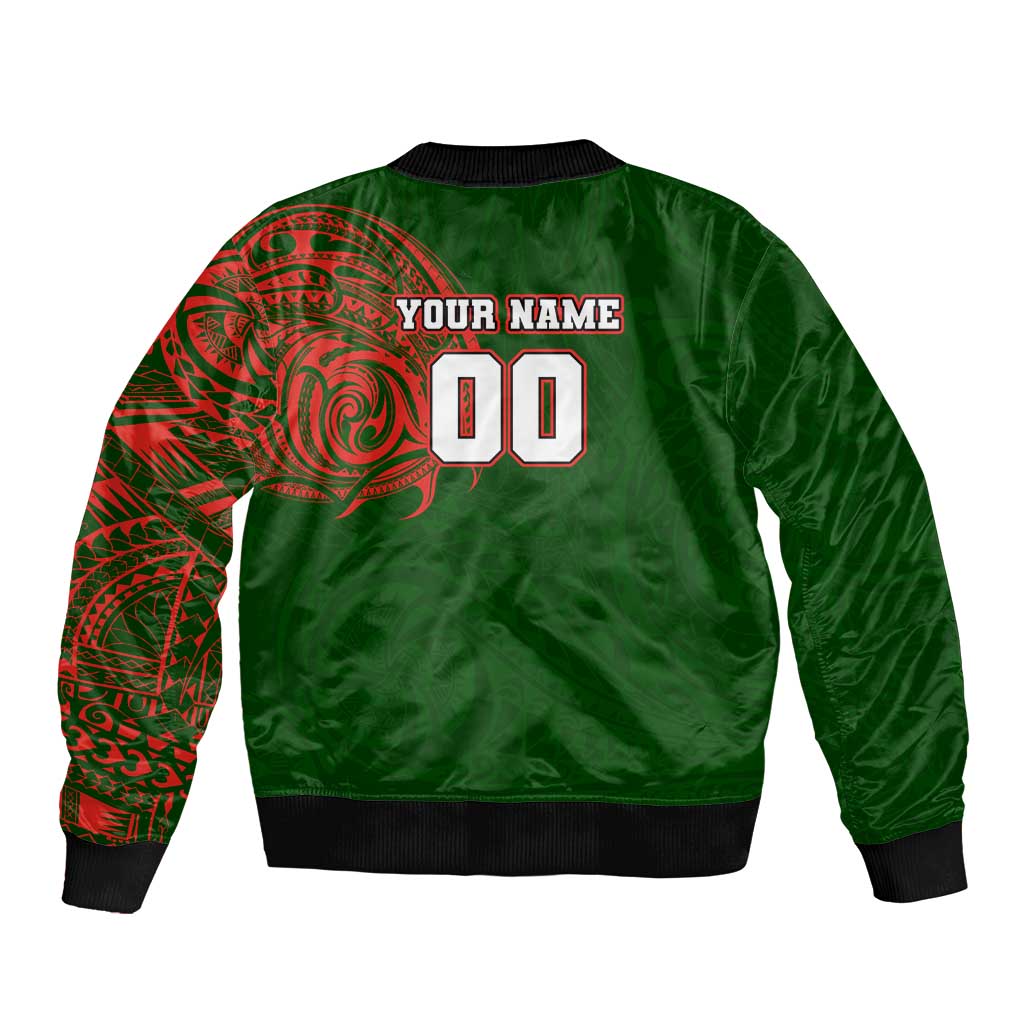 Personalized South Sydney Rabbitohs Bomber Jacket Polynesian Tribal Chest and Sleeve Tattoo