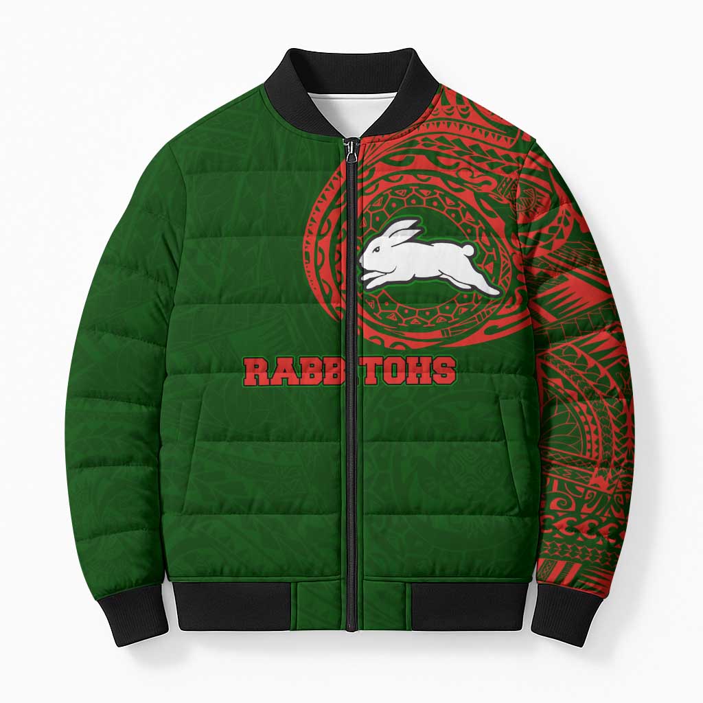 Personalized South Sydney Rabbitohs Bomber Puffer Jacket Polynesian Tribal Chest and Sleeve Tattoo