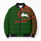 Personalized South Sydney Rabbitohs Bomber Puffer Jacket Polynesian Tribal Chest and Sleeve Tattoo