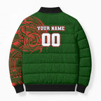 Personalized South Sydney Rabbitohs Bomber Puffer Jacket Polynesian Tribal Chest and Sleeve Tattoo