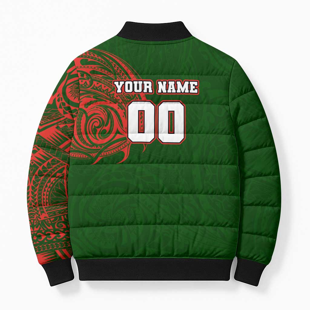 Personalized South Sydney Rabbitohs Bomber Puffer Jacket Polynesian Tribal Chest and Sleeve Tattoo