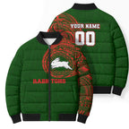 Personalized South Sydney Rabbitohs Bomber Puffer Jacket Polynesian Tribal Chest and Sleeve Tattoo