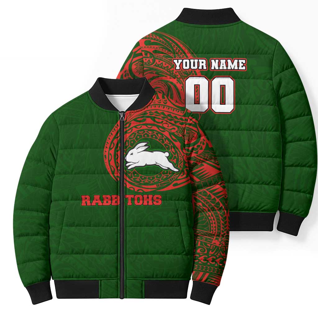 Personalized South Sydney Rabbitohs Bomber Puffer Jacket Polynesian Tribal Chest and Sleeve Tattoo