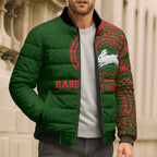 Personalized South Sydney Rabbitohs Bomber Puffer Jacket Polynesian Tribal Chest and Sleeve Tattoo