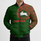 Personalized South Sydney Rabbitohs Bomber Puffer Jacket Polynesian Tribal Chest and Sleeve Tattoo