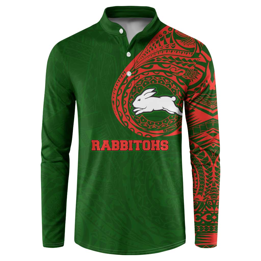 Personalized South Sydney Rabbitohs Button Sweatshirt Polynesian Tribal Chest and Sleeve Tattoo
