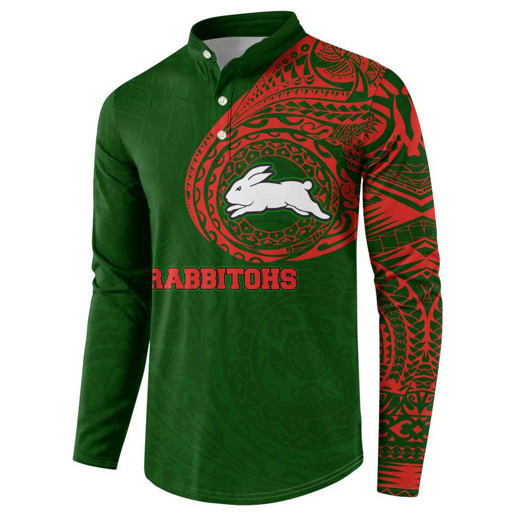 Personalized South Sydney Rabbitohs Button Sweatshirt Polynesian Tribal Chest and Sleeve Tattoo