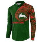Personalized South Sydney Rabbitohs Button Sweatshirt Polynesian Tribal Chest and Sleeve Tattoo