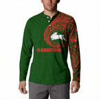 Personalized South Sydney Rabbitohs Button Sweatshirt Polynesian Tribal Chest and Sleeve Tattoo