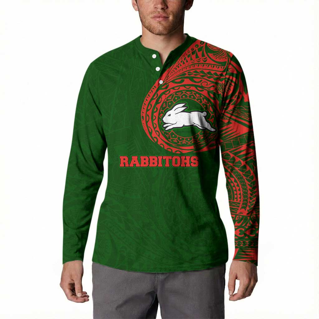 Personalized South Sydney Rabbitohs Button Sweatshirt Polynesian Tribal Chest and Sleeve Tattoo