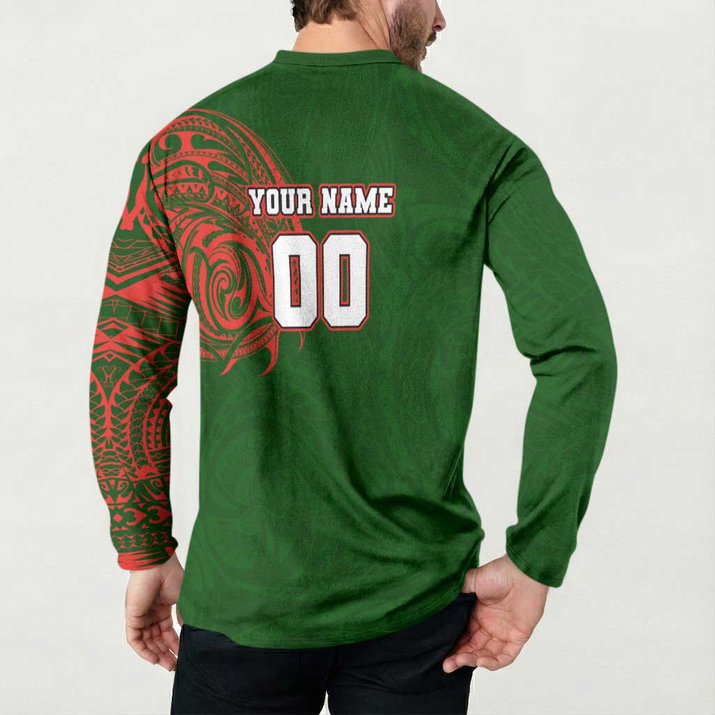 Personalized South Sydney Rabbitohs Button Sweatshirt Polynesian Tribal Chest and Sleeve Tattoo