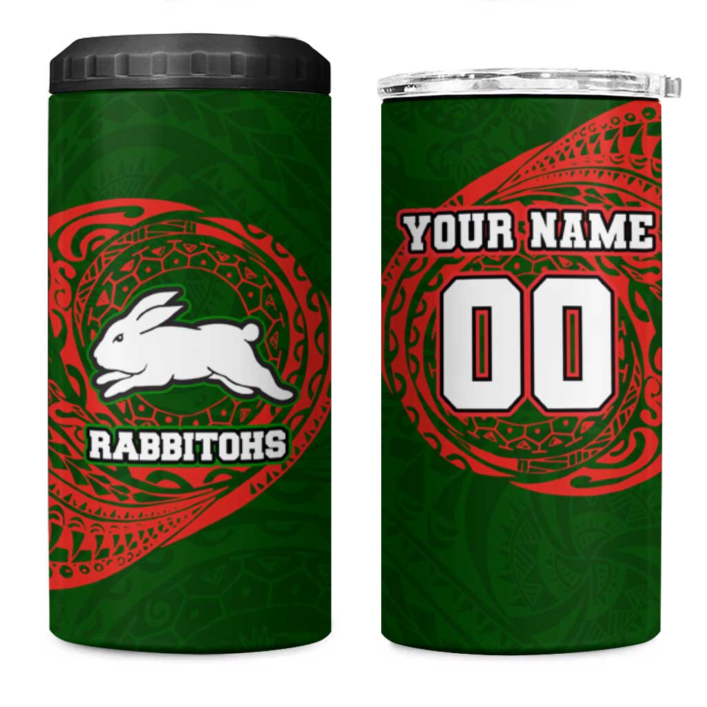 Personalized South Sydney Rabbitohs 4 in 1 Can Cooler Tumbler Polynesian Tribal Chest and Sleeve Tattoo