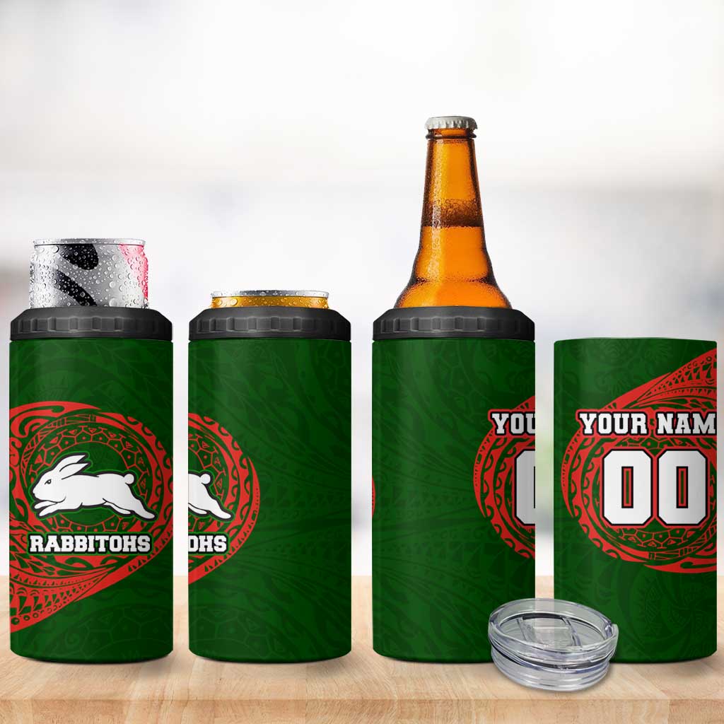 Personalized South Sydney Rabbitohs 4 in 1 Can Cooler Tumbler Polynesian Tribal Chest and Sleeve Tattoo