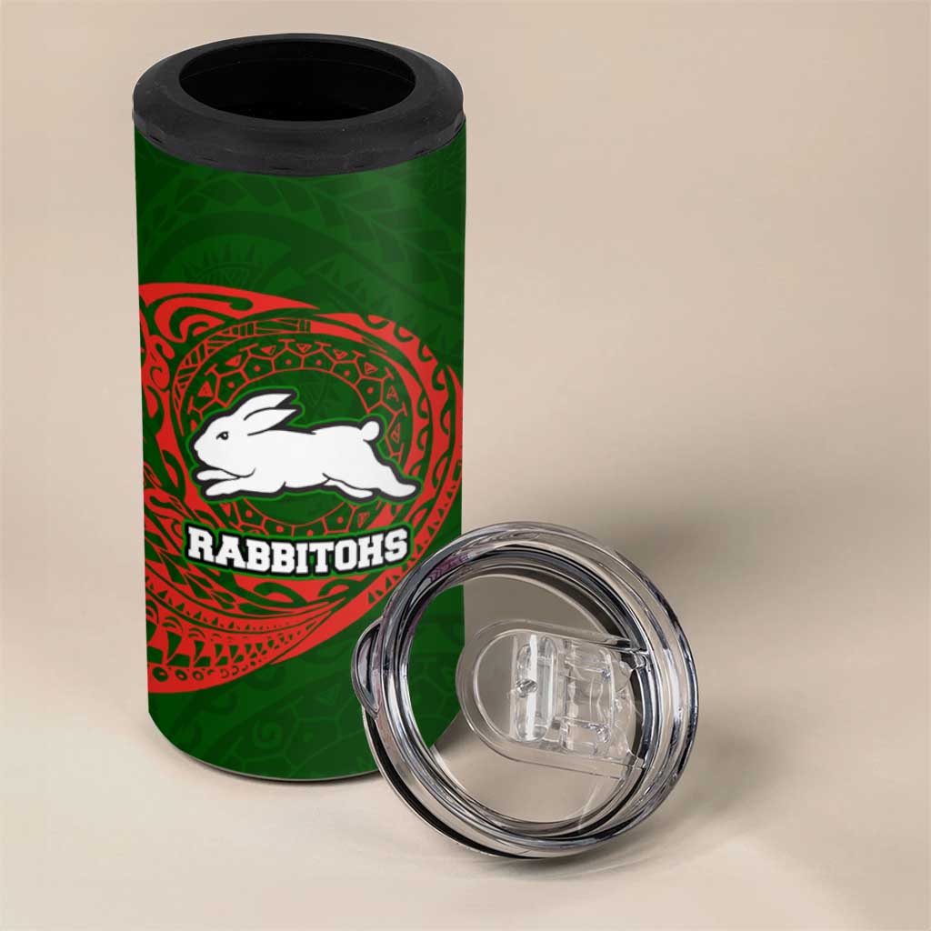 Personalized South Sydney Rabbitohs 4 in 1 Can Cooler Tumbler Polynesian Tribal Chest and Sleeve Tattoo