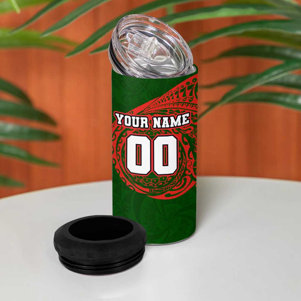 Personalized South Sydney Rabbitohs 4 in 1 Can Cooler Tumbler Polynesian Tribal Chest and Sleeve Tattoo
